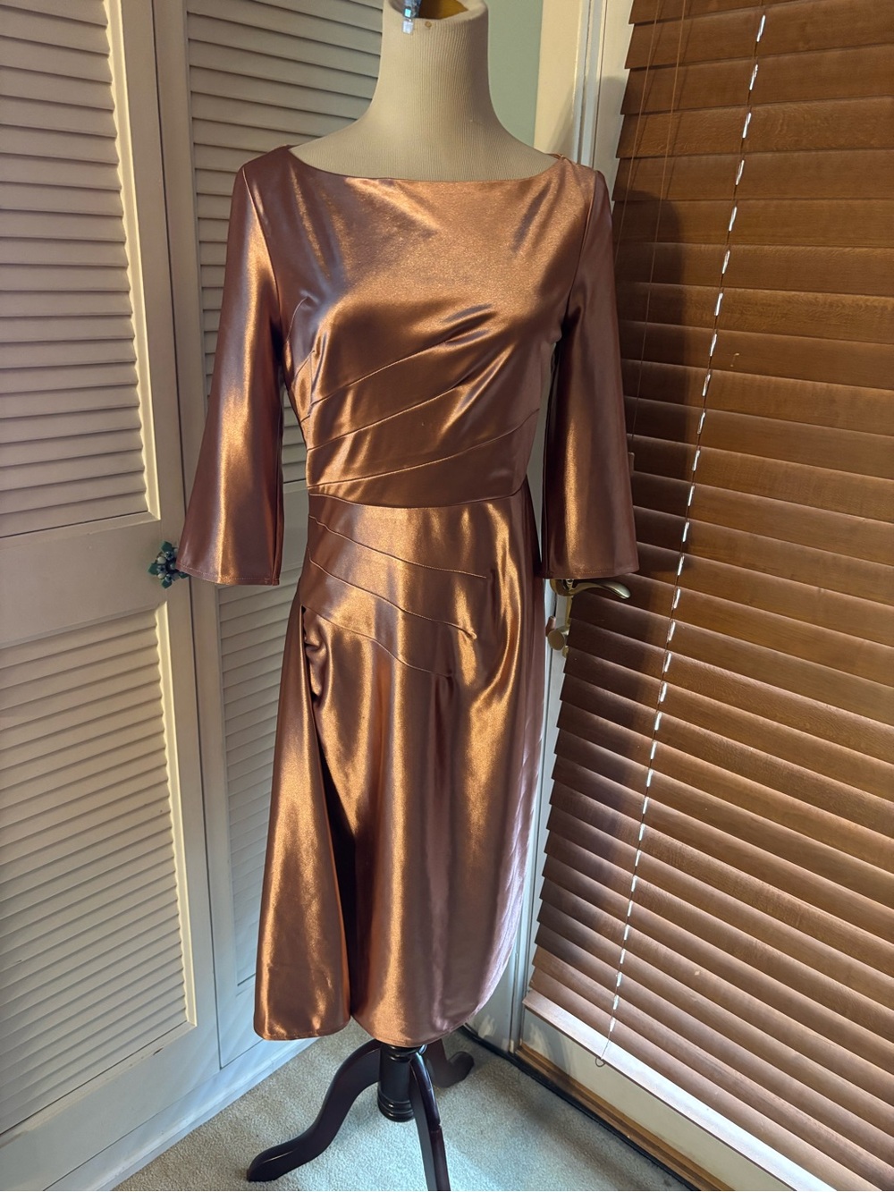 Satin Midi Dress in Rose Gold with Boat Neck